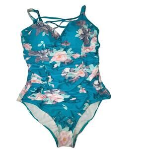 Torrid One Piece Swimsuit Turquoise Teal Blue Floral with Midsection Ruching